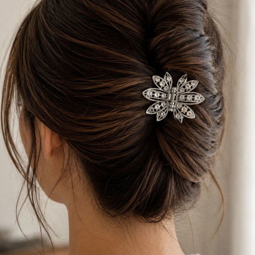 Vintage Metal Hair Clip with Rhinestones (Silver)