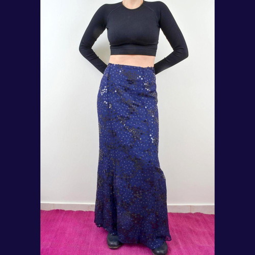 Vintage silk maxi skirt Santacroce blue with sequins new