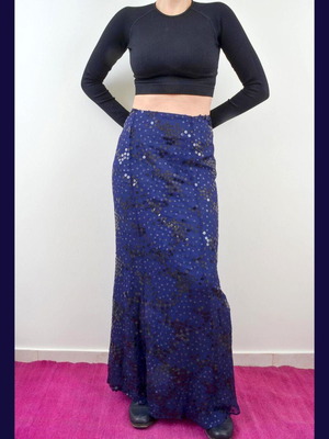 Vintage silk maxi skirt Santacroce blue with sequins new