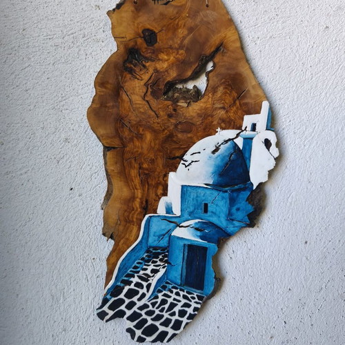 Wood artwork from olive root inspired by Santorini, new