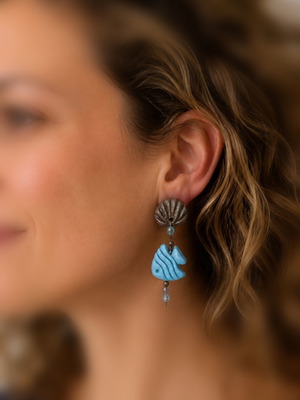 Ocean Fish Dangle Earrings new, turquoise and brown
