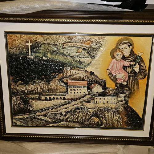 Saint Anthony of Padua painting like new, embossed with frame 65x50 cm