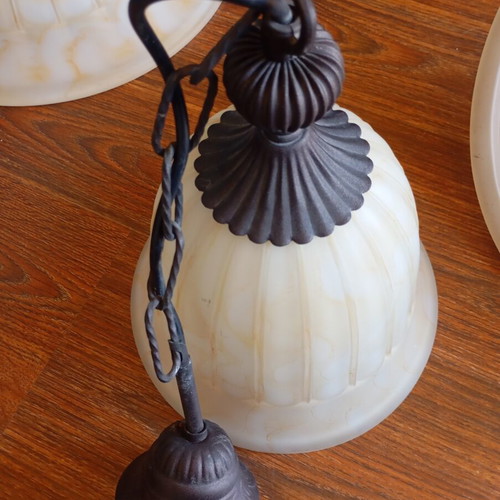 Vintage single pendant ceiling lights used with ribbed glass and bronze suspension