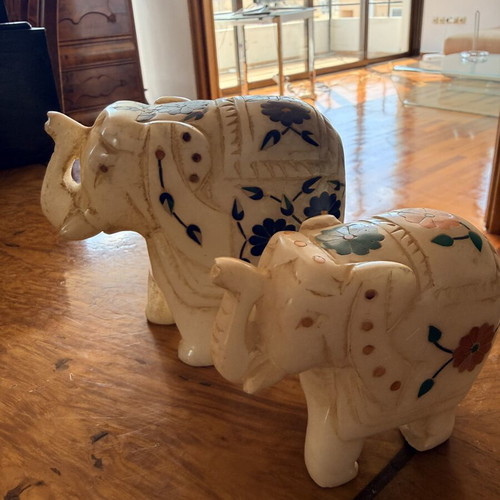 Pair of vintage Indian marble elephants with inlaid flowers