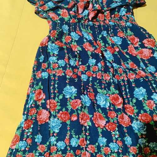 Floral mini strapless dress with ruffles, cotton, blue