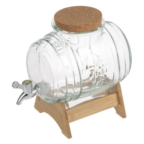 Glass barrel container with tap and wooden stand 3L
