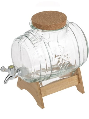 Glass barrel container with tap and wooden stand 3L