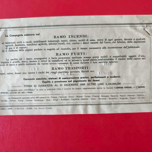Assicurazioni Generali Life Insurance Payment Receipt used with 3 Marca da Bollo stamps