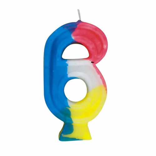 Birthday candle No 6 new, multicolored with holder base