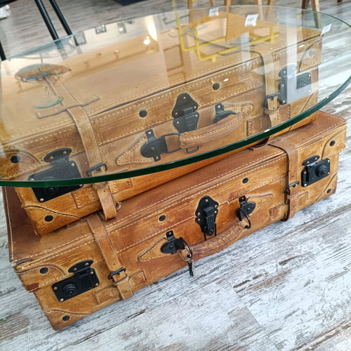 Vintage table with suitcases and round safety glass like new