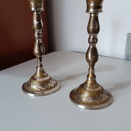 Vintage brass candlesticks with enamel details like new