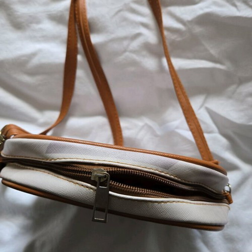 Santoro crossbody bag used, beige with pink marker inside