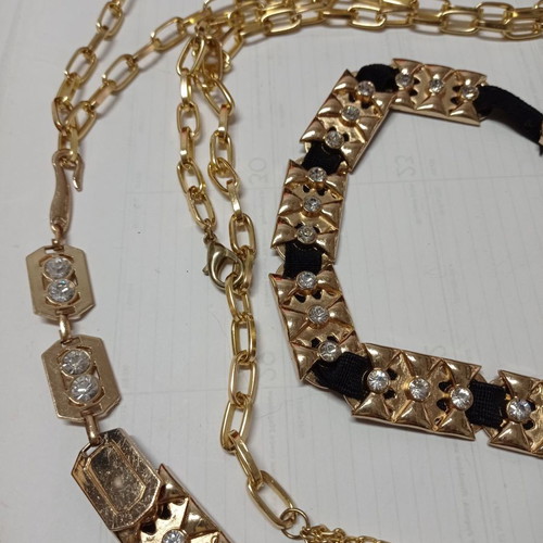 Women's chain belt used, adjustable, gold metal with black fabric and rhinestones