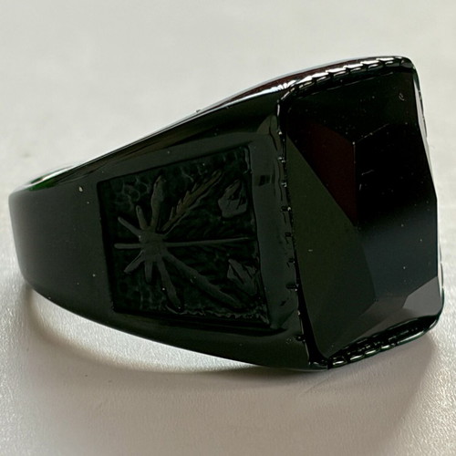 Black Crystal Signet Ring brand new, palm leaf design, 316L stainless steel