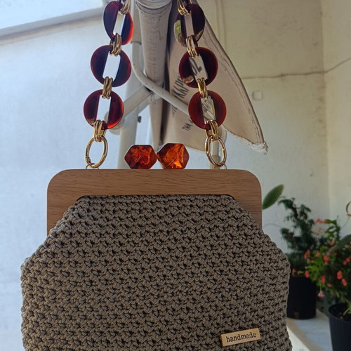 Handmade clutch bag beige with wooden frame and amber beads, new