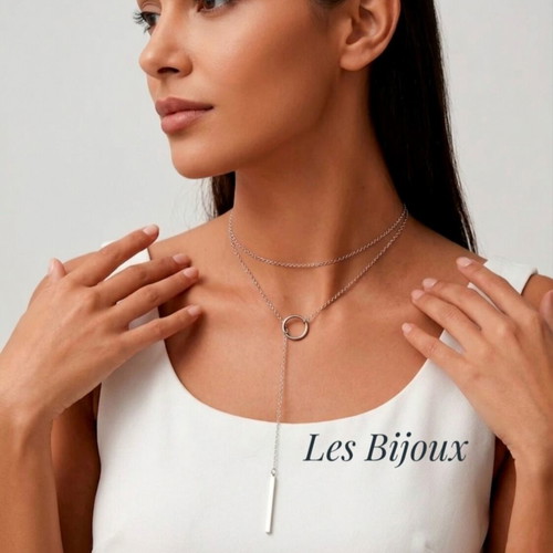 Steel Double Lariat Necklace with Ring and Bar