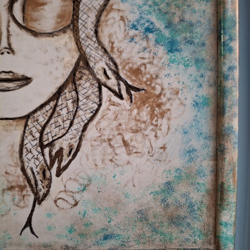 Medusa Portrait Painting New, Hand-Drawn with Chalk and Acrylics