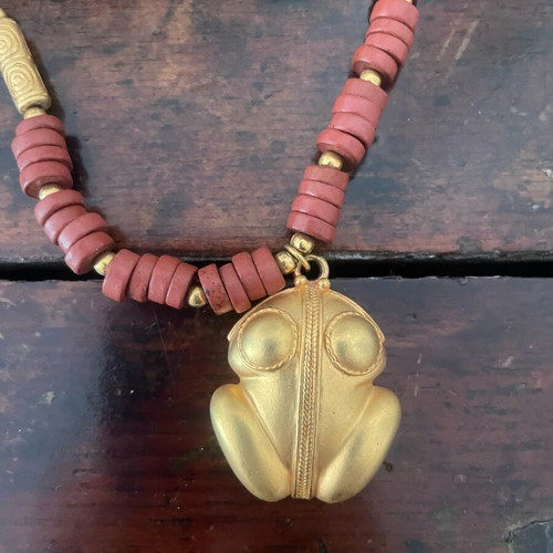 Inca statement boho necklace with terracotta beads and frog pendant like new