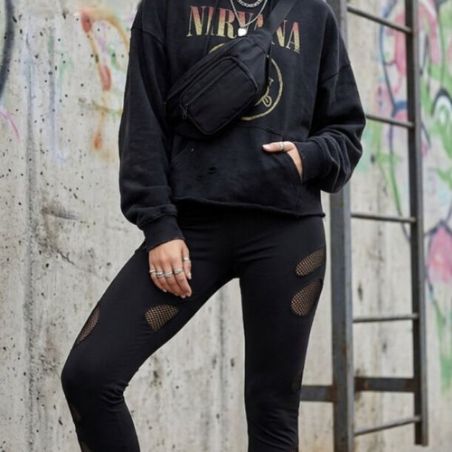 Punk style leggings used, black with cut-out mesh details, size S