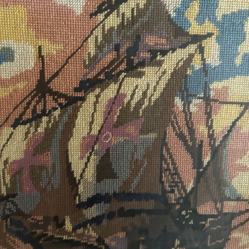 Vintage Handmade Gobelin Embroidery Sailboat in Wooden Frame