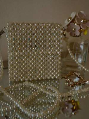 Handmade beaded bag new, white and beige