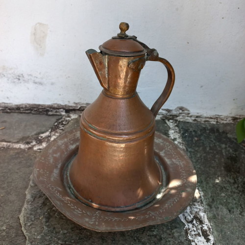 Copper jug and plate set used, old