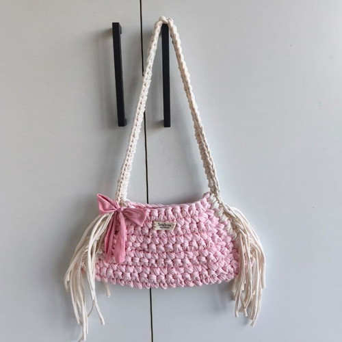 Handmade shoulder bag, combed cotton yarn, beige and pink, new