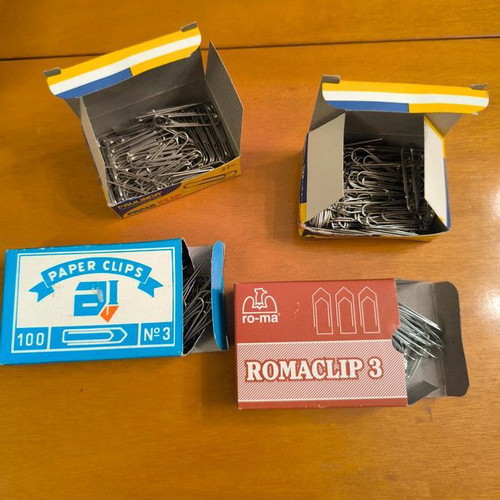 Office supplies new, small paper clips, ruler, ink pad, stencil