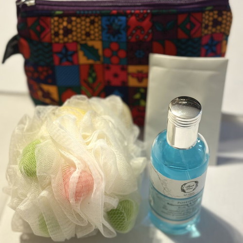 Body Care Set with Fabric Toiletry Bag, Sponge, Perfume, and Shower Cap