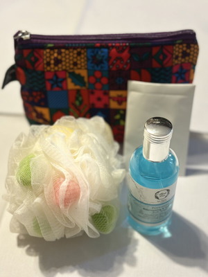 Body Care Set with Fabric Toiletry Bag, Sponge, Perfume, and Shower Cap