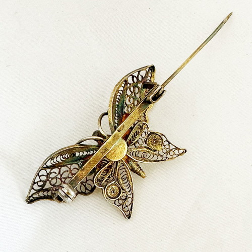Vintage silver filigree butterfly brooch Art Deco 1930s used