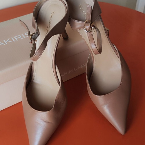 Tsakiris Mallas leather pointed heels with ankle strap, used, size 41, nude