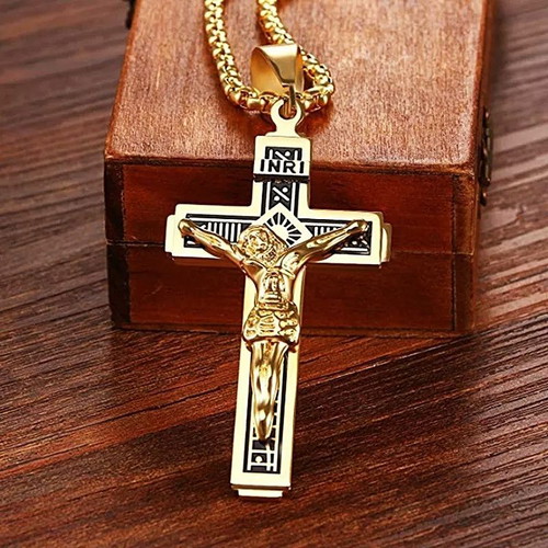 Cross Necklace Jesus Christ Crucifix Gold Black