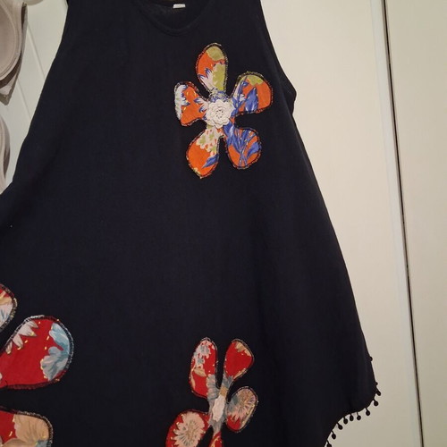 Summer Asymmetric Black Dress 100% Cotton with Patchwork Flowers and Pom-Poms like new