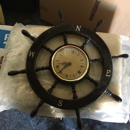 Wooden nautical ship wheel wall clock used with compass