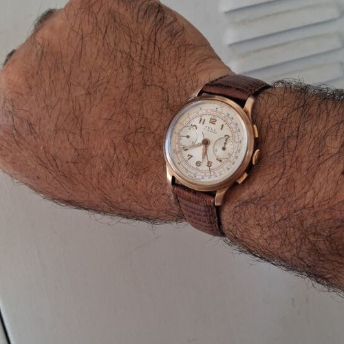 Tell 1950 mechanical chronograph watch used, beige and gold