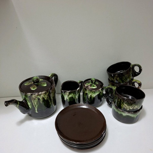 Vintage Vallauris ceramic tea set 1960s like new, brown-green lava glaze