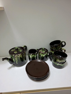 Vintage Vallauris ceramic tea set 1960s like new, brown-green lava glaze