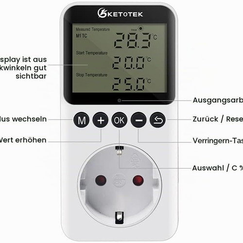 KETOTEK digital thermostat socket 100–250 V, -40 to 120°C, 16 A