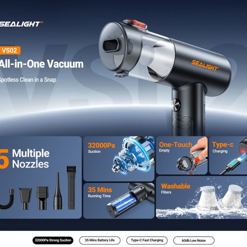 SEALIGHT 22 000 Pa cordless car vacuum and air blower 4-in-1