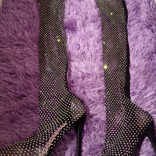 Knee-high boots new, size 39, mesh with rhinestones, 12cm heel