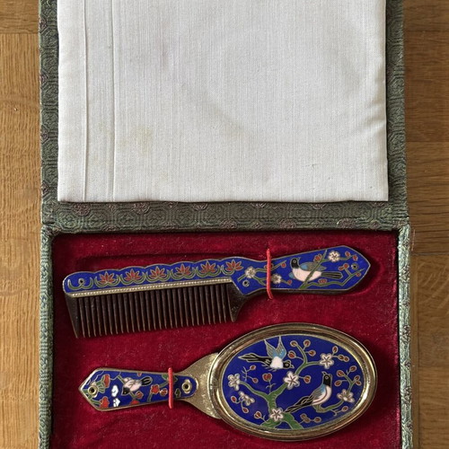 Vintage Cloisonné comb and brush set with original case like new