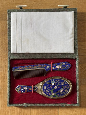 Vintage Cloisonné comb and brush set with original case like new