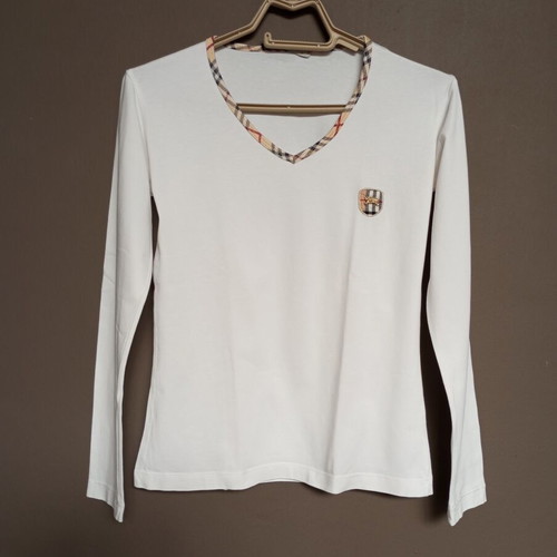 White women's long-sleeve blouse with classic checkered trim, like new