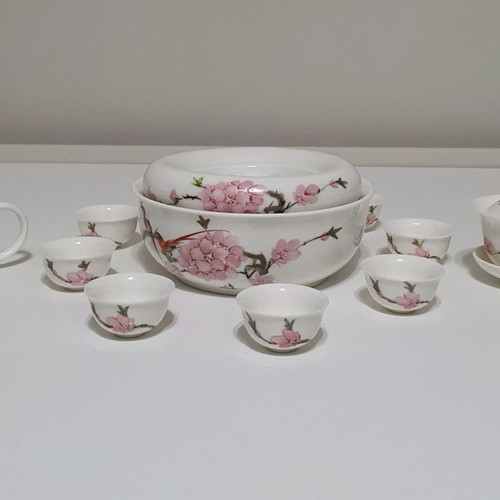 Jingdezhen porcelain Chinese tea set used, 11 pieces with case