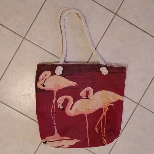Shoulder beach bag used with flamingo design, beige and red