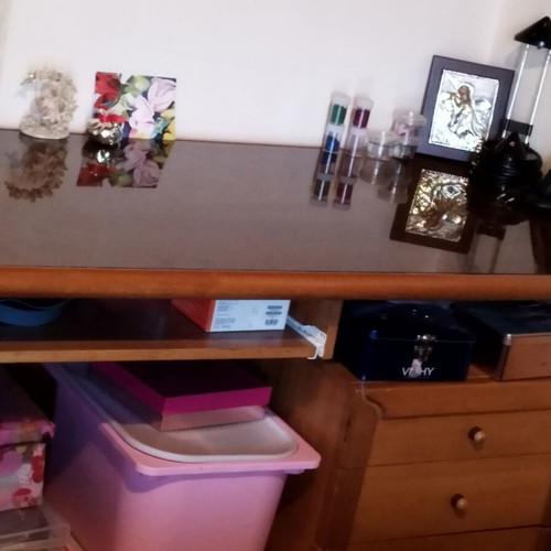 Wooden desk with glass and three drawers and bookshelf set like new