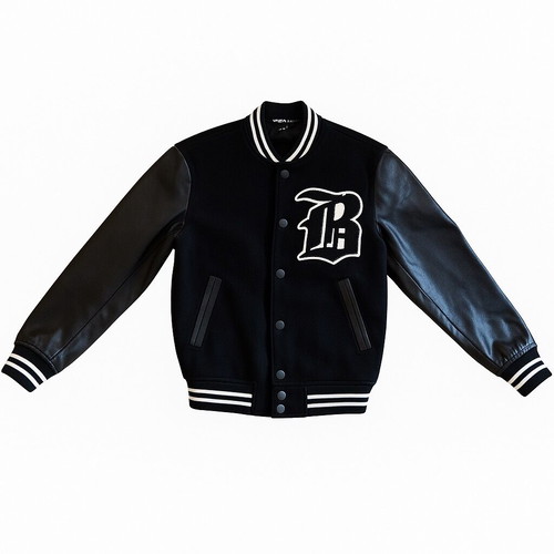 Men's varsity jacket new, black with leather sleeves