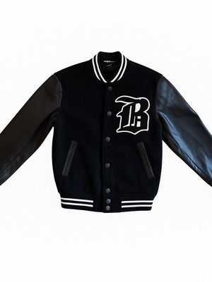 Men's varsity jacket new, black with leather sleeves