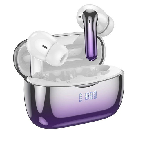 Bluetooth 5.3 Hoco earbuds with ANC+ENC, charging case and purple battery LED display